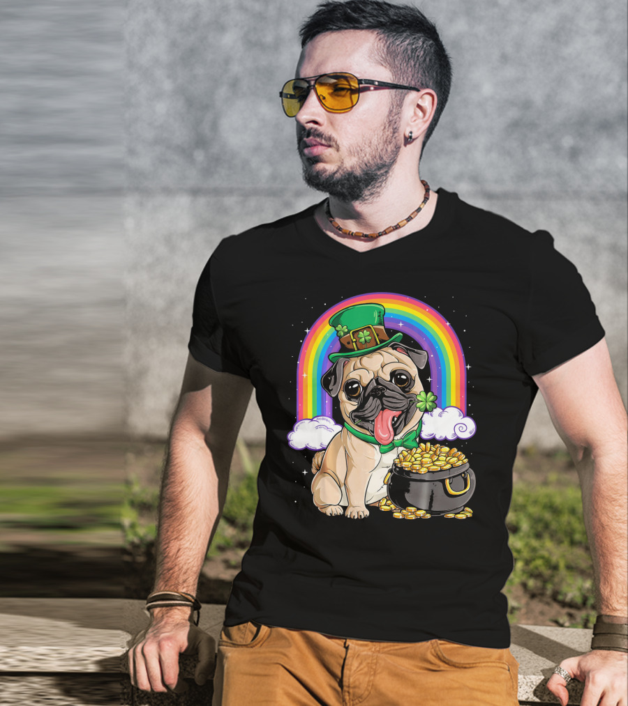 Pug St Patricks Day Boys Men Lep Leprechaun Hat Rainbow Pot Of Gold T-Shirt