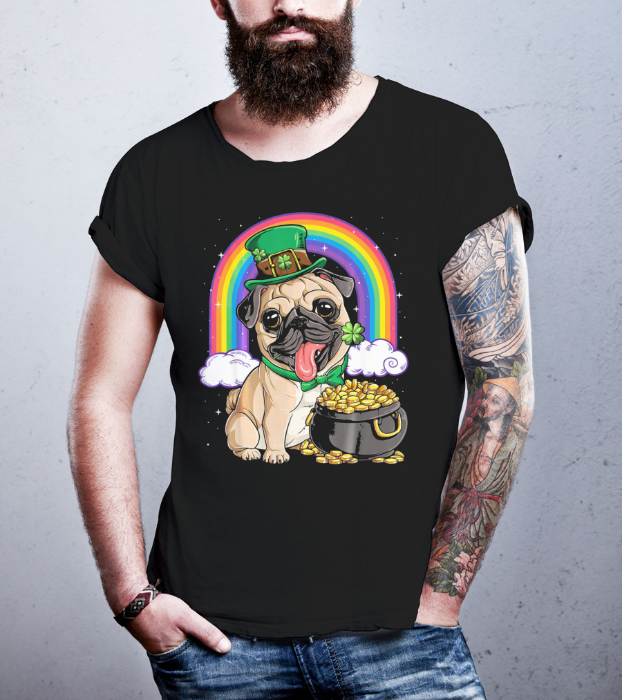 Pug St Patricks Day Boys Men Lep Leprechaun Hat Rainbow Pot Of Gold T-Shirt