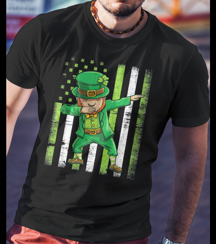 Leprechaun Dabbing With Shamrock Irish Flag Stripes T-Shirt