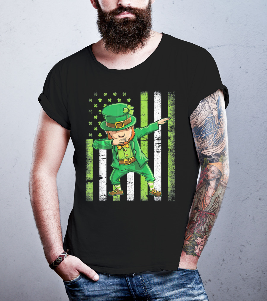 Leprechaun Dabbing With Shamrock Irish Flag Stripes T-Shirt