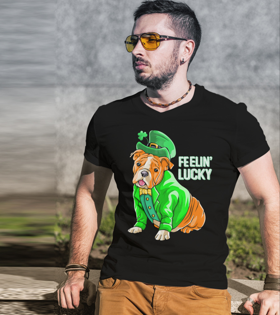 Feelin' Lucky Bulldog In Green Leprechaun T-Shirt