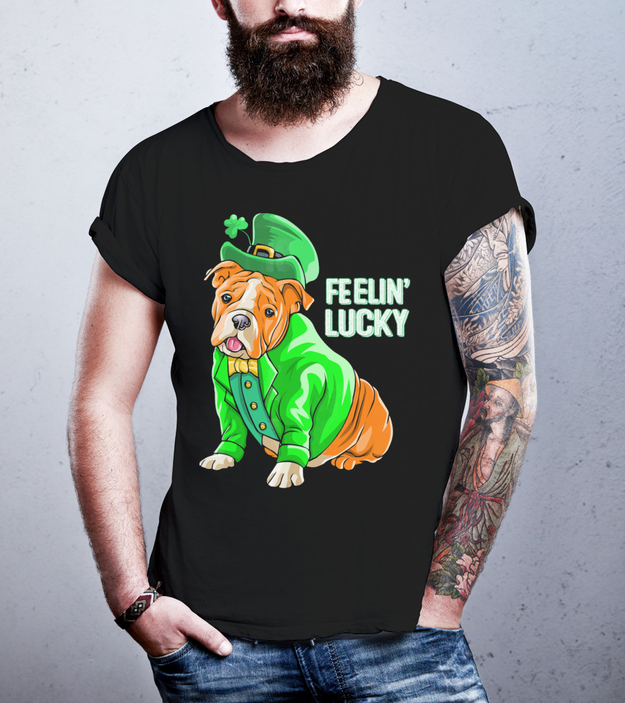 Feelin' Lucky Bulldog In Green Leprechaun T-Shirt