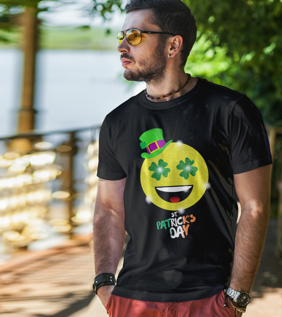 St. Patrick's Day Emoji With Green Hat And Shamrock Eyes T-Shirt