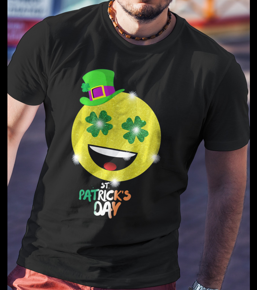 St. Patrick's Day Emoji With Green Hat And Shamrock Eyes T-Shirt