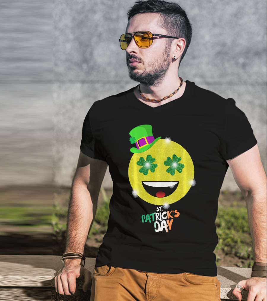St. Patrick's Day Emoji With Green Hat And Shamrock Eyes T-Shirt