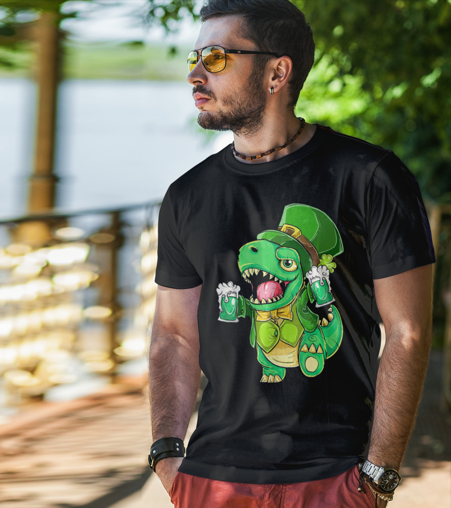 St Patricks Day Irish Dinosaur Holding Two Beers In Green Outfit And Hat T-Shirt