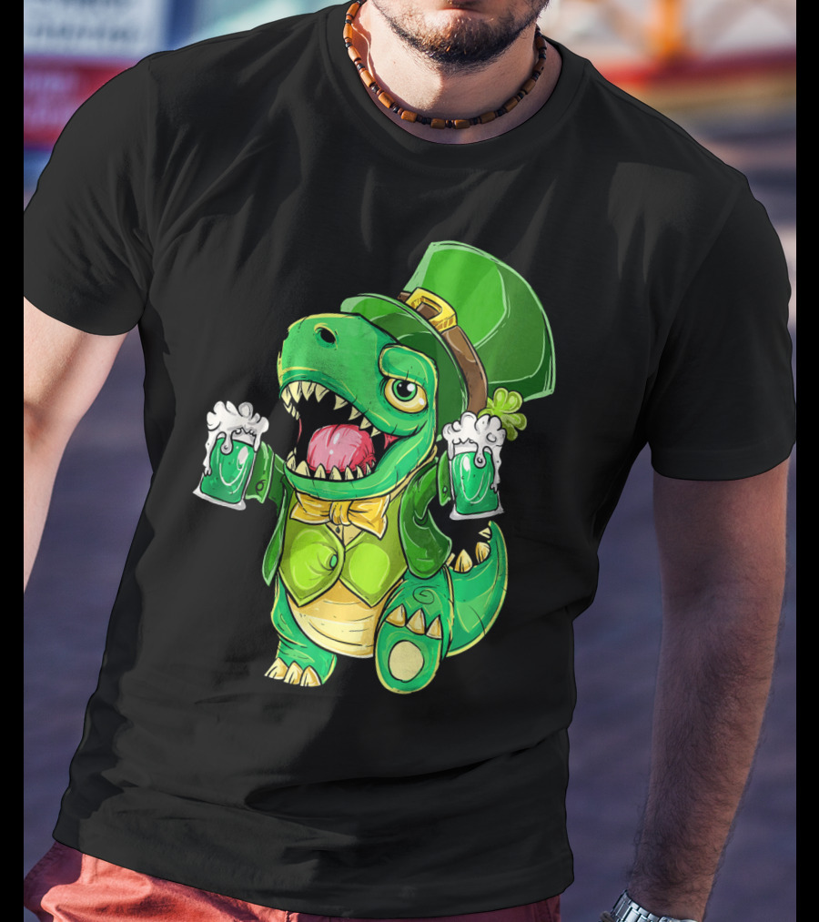 St Patricks Day Irish Dinosaur Holding Two Beers In Green Outfit And Hat T-Shirt
