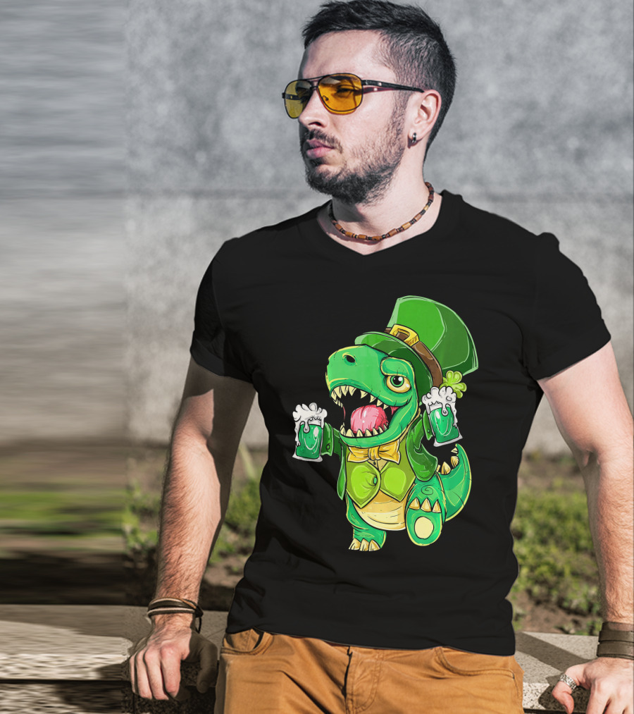 St Patricks Day Irish Dinosaur Holding Two Beers In Green Outfit And Hat T-Shirt
