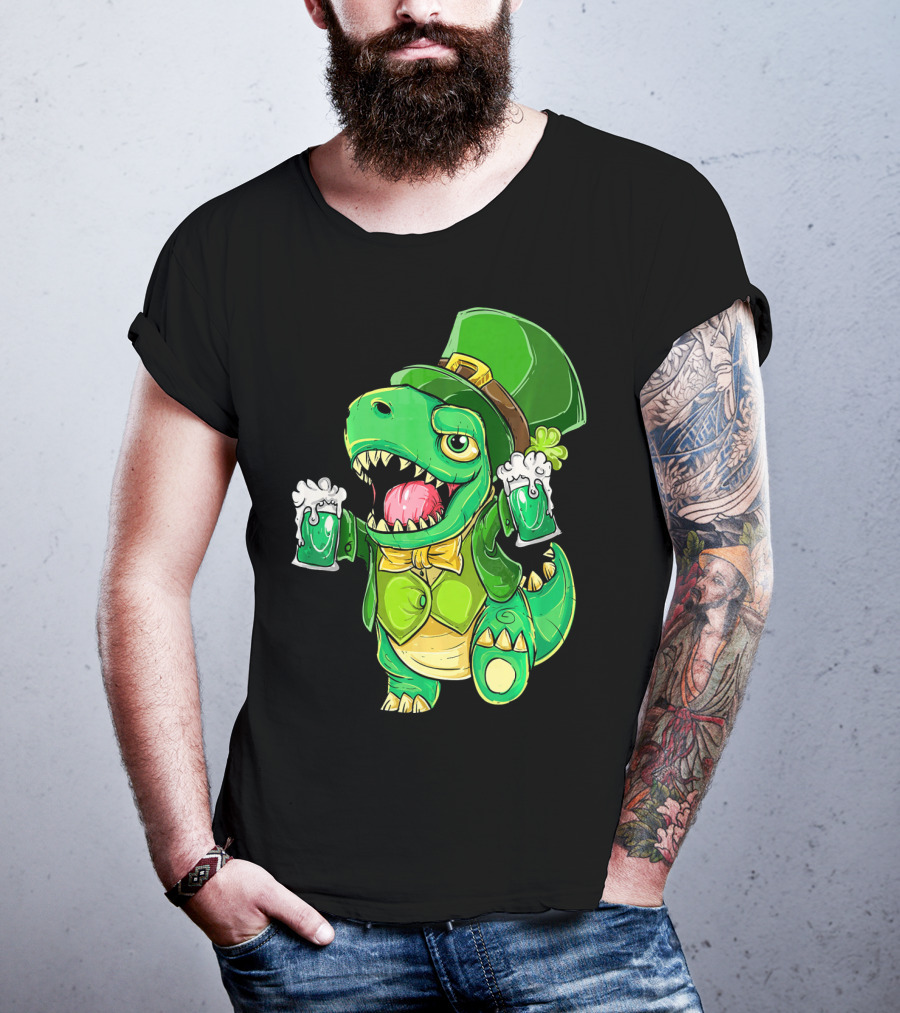 St Patricks Day Irish Dinosaur Holding Two Beers In Green Outfit And Hat T-Shirt