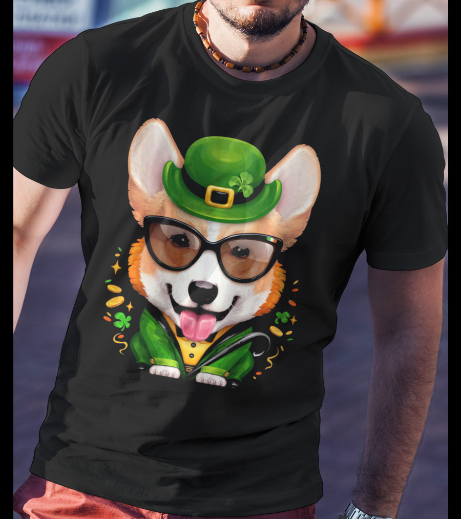 Welsh Corgi In Leprechaun Outfit With Sunglasses And Shamrocks T-Shirt