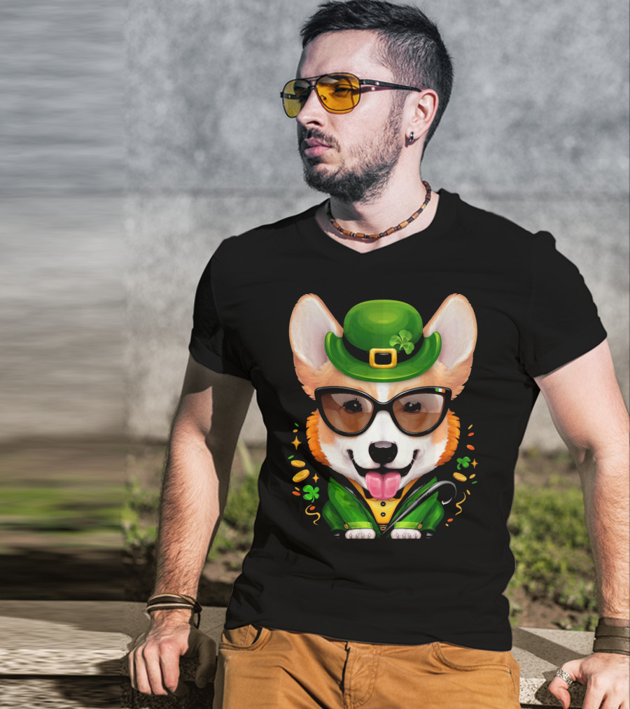 Welsh Corgi In Leprechaun Outfit With Sunglasses And Shamrocks T-Shirt