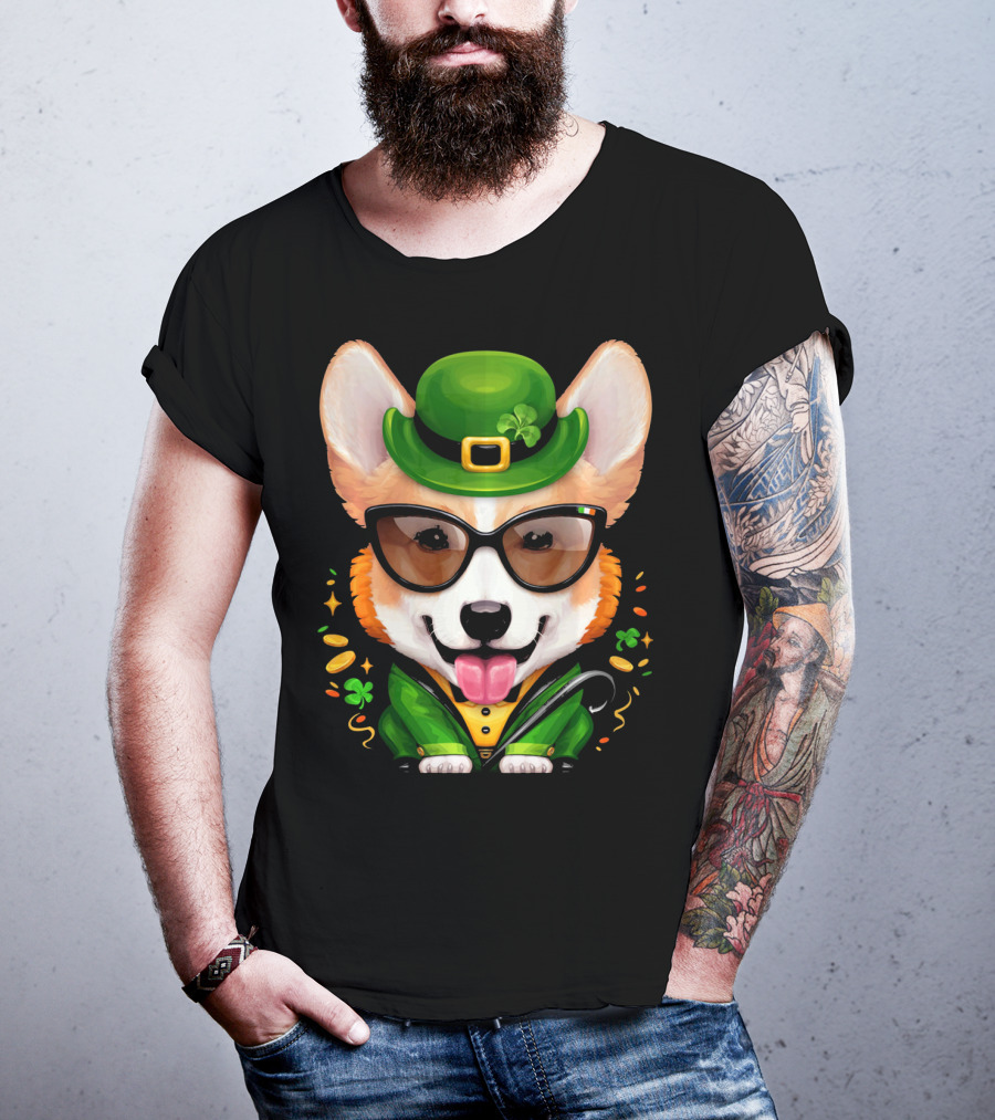 Welsh Corgi In Leprechaun Outfit With Sunglasses And Shamrocks T-Shirt