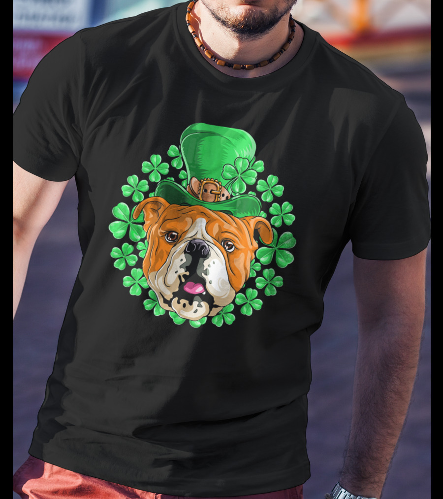 English Bulldog In Leprechaun Hat With Clover Background T-Shirt
