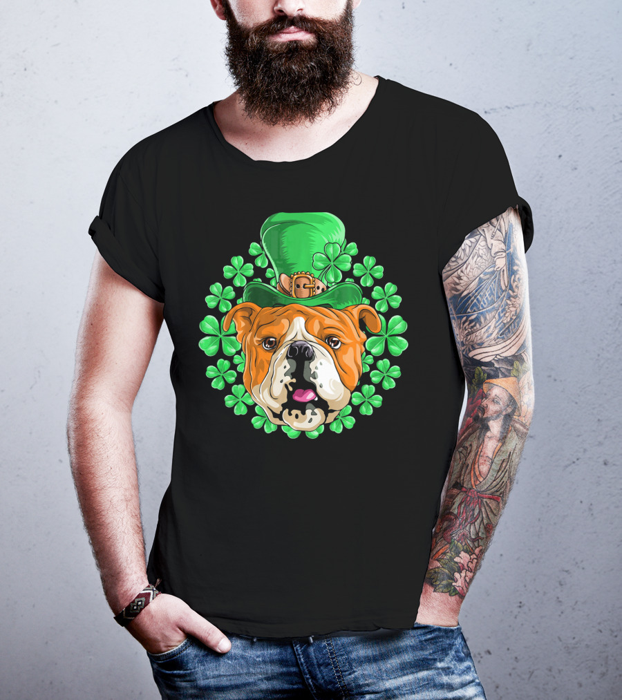 English Bulldog In Leprechaun Hat With Clover Background T-Shirt