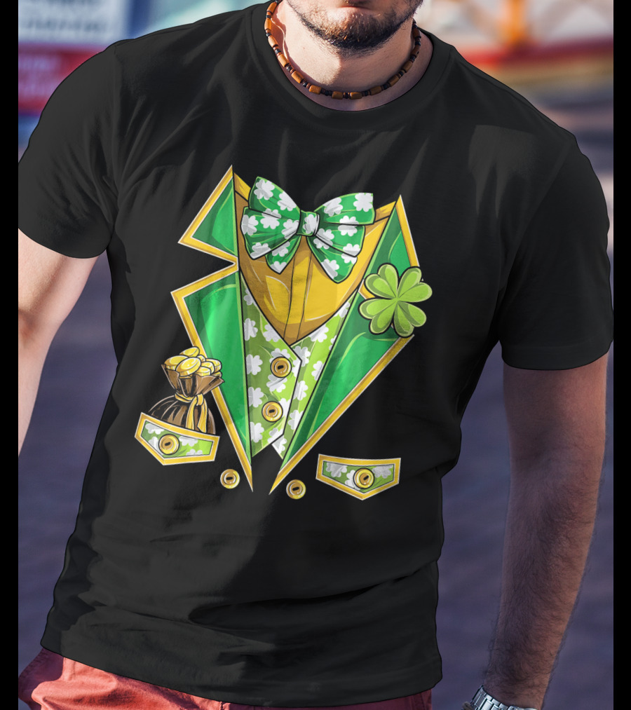 Leprechaun Costume St Patricks Green Suit With Shamrocks And Gold Coins T-Shirt