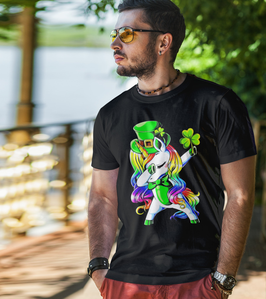 Dabbing Unicorn With Rainbow Mane And Shamrock Hat T-Shirt