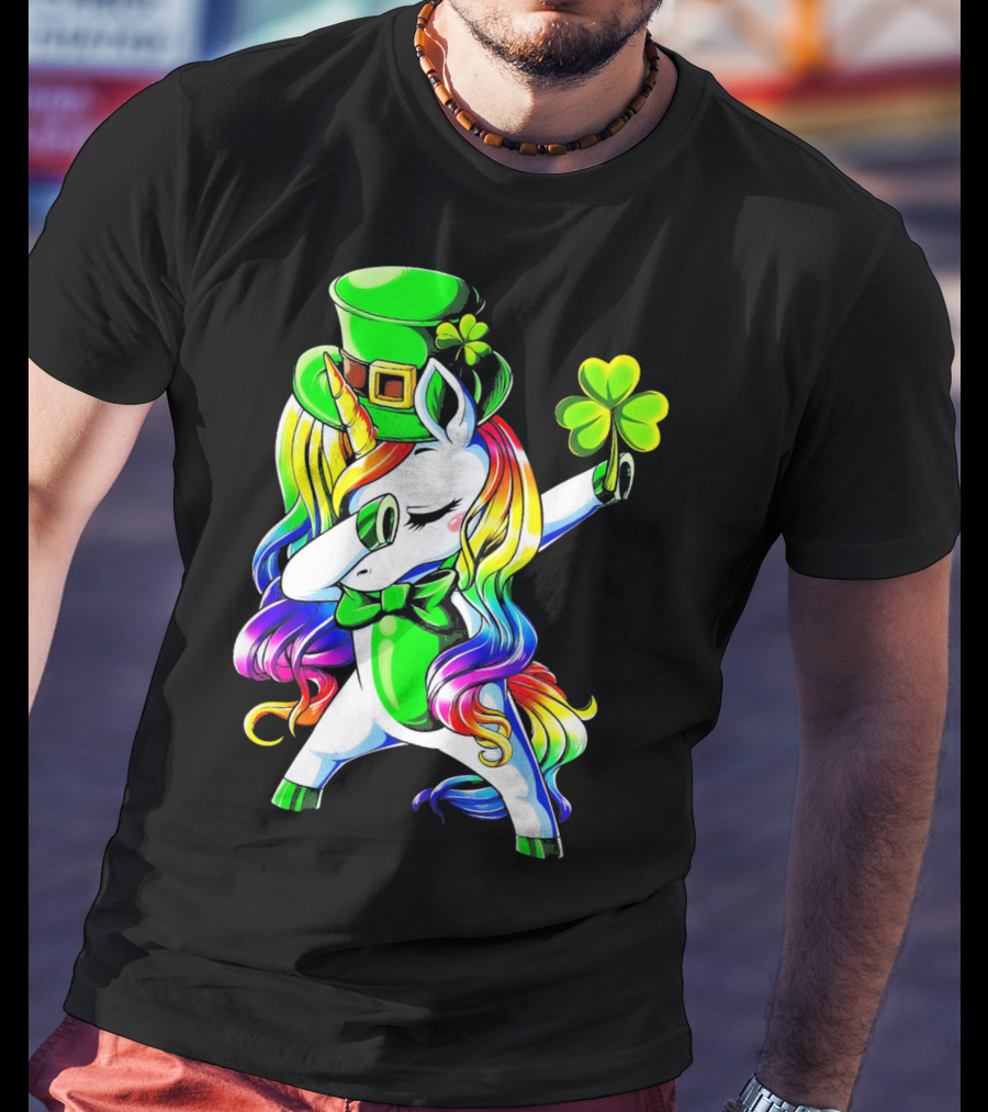 Dabbing Unicorn With Rainbow Mane And Shamrock Hat T-Shirt