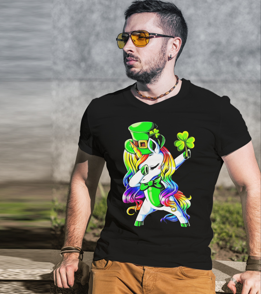 Dabbing Unicorn With Rainbow Mane And Shamrock Hat T-Shirt