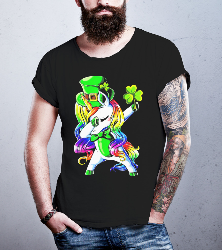 Dabbing Unicorn With Rainbow Mane And Shamrock Hat T-Shirt