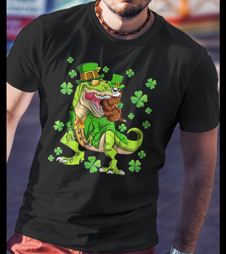 Leprechaun Sloth With Shamrocks Riding Dinosaur Rex In Green Attire T-Shirt