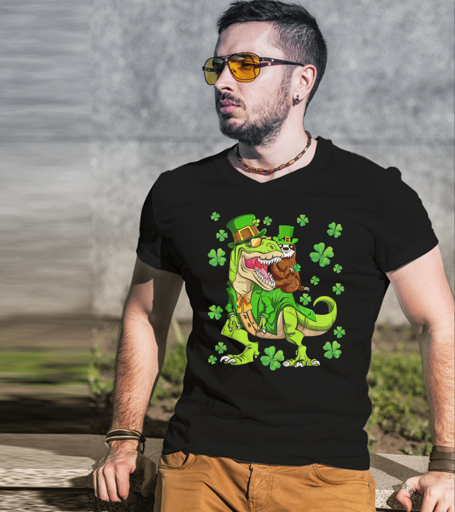 Leprechaun Sloth With Shamrocks Riding Dinosaur Rex In Green Attire T-Shirt