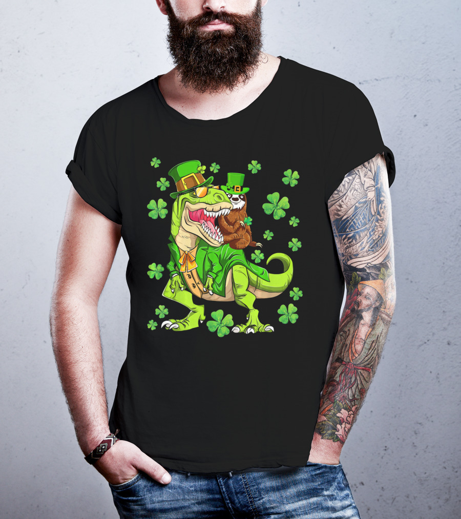 Leprechaun Sloth With Shamrocks Riding Dinosaur Rex In Green Attire T-Shirt