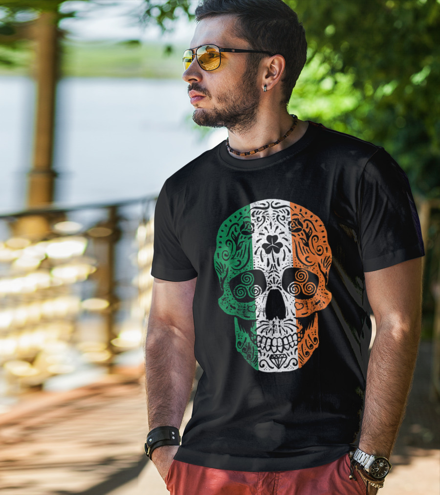 Irish Flag Sugar Skull Shamrock St Patricks T-Shirt
