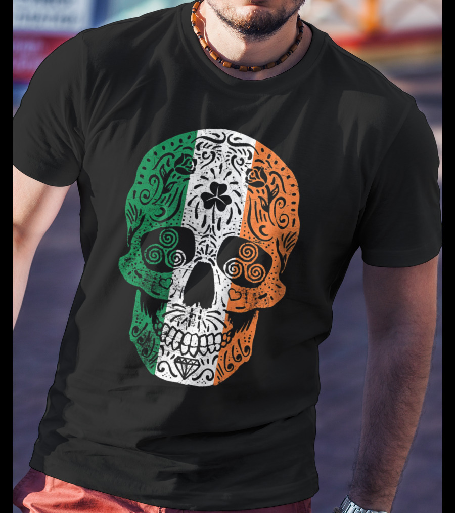 Irish Flag Sugar Skull Shamrock St Patricks T-Shirt