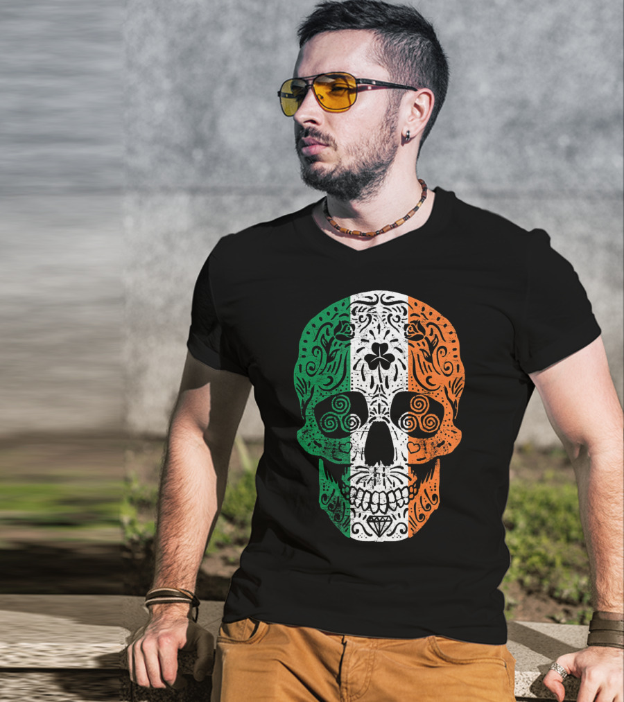 Irish Flag Sugar Skull Shamrock St Patricks T-Shirt