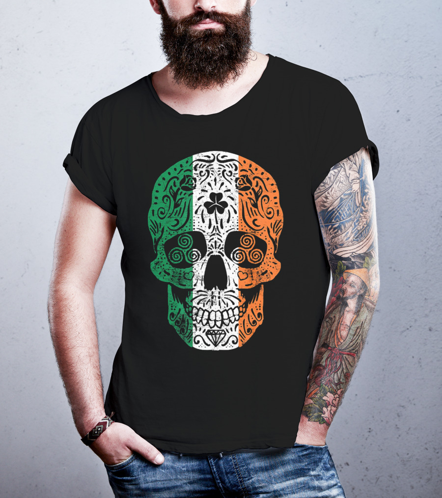 Irish Flag Sugar Skull Shamrock St Patricks T-Shirt