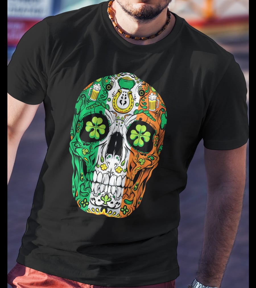 Sugar Skull Irish Leprechaun Shamrock St Patrick's Day T-Shirt