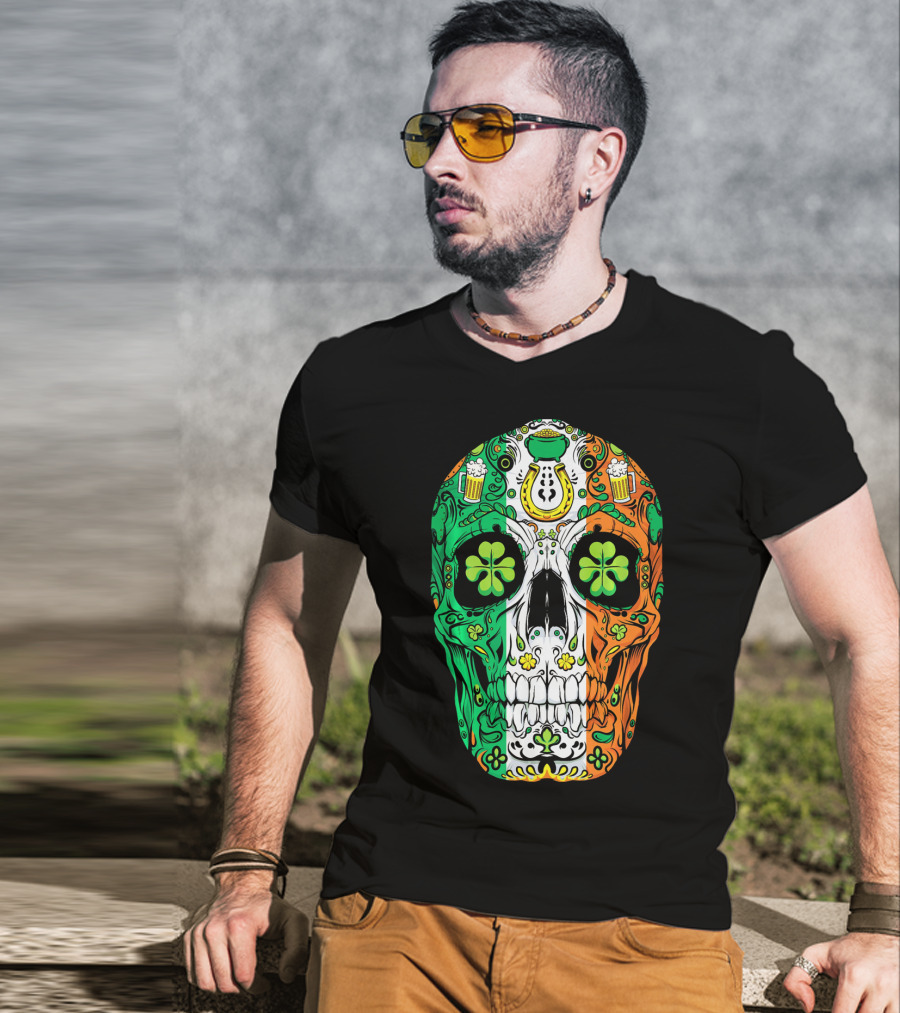 Sugar Skull Irish Leprechaun Shamrock St Patrick's Day T-Shirt
