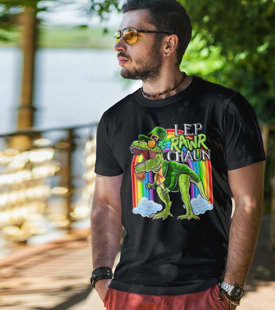Leprawrchaun St. Patrick Day Rex Rainbow Dinosaur T-Shirt