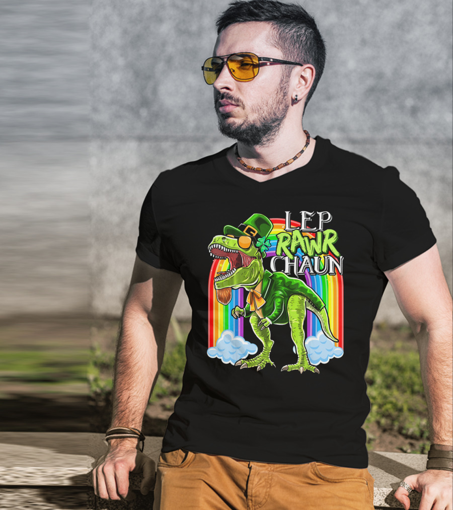 Leprawrchaun St. Patrick Day Rex Rainbow Dinosaur T-Shirt