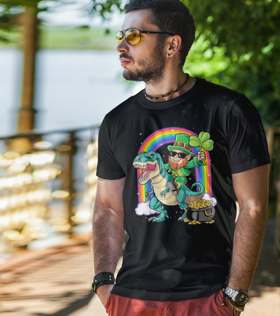 Leprechaun Riding Dinosaur T-Rex Shamrock Rainbow Pot Of Gold St Pat's Day T-Shirt