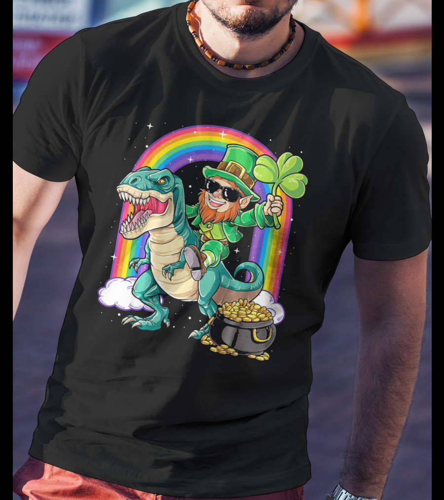 Leprechaun Riding Dinosaur T-Rex Shamrock Rainbow Pot Of Gold St Pat's Day T-Shirt