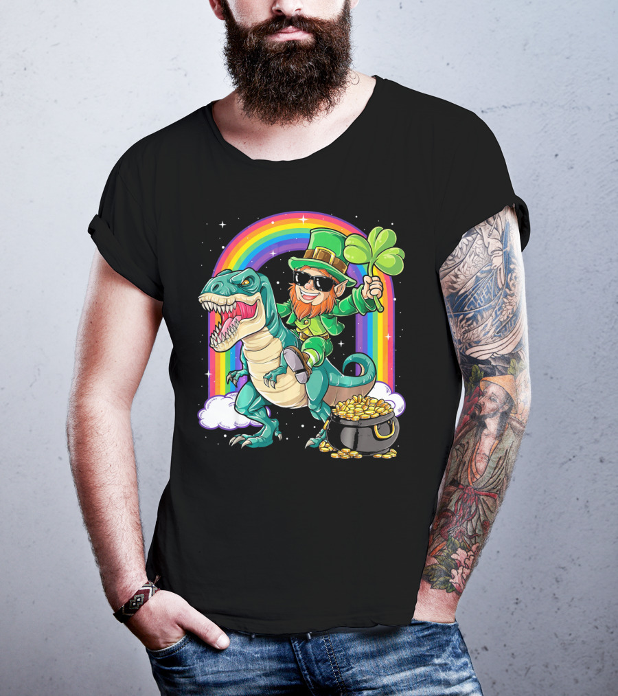 Leprechaun Riding Dinosaur T-Rex Shamrock Rainbow Pot Of Gold St Pat's Day T-Shirt