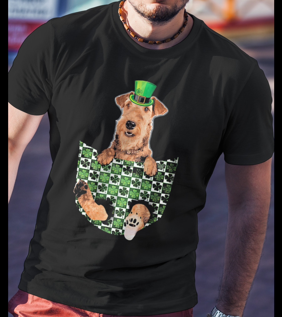 Airedale Terrier Pocket Patrick Hat Green Shamrocks T-Shirt