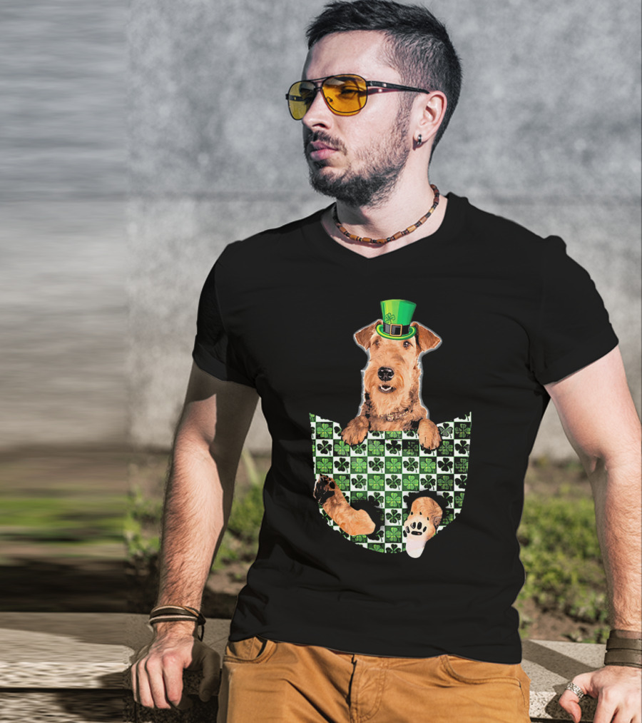 Airedale Terrier Pocket Patrick Hat Green Shamrocks T-Shirt