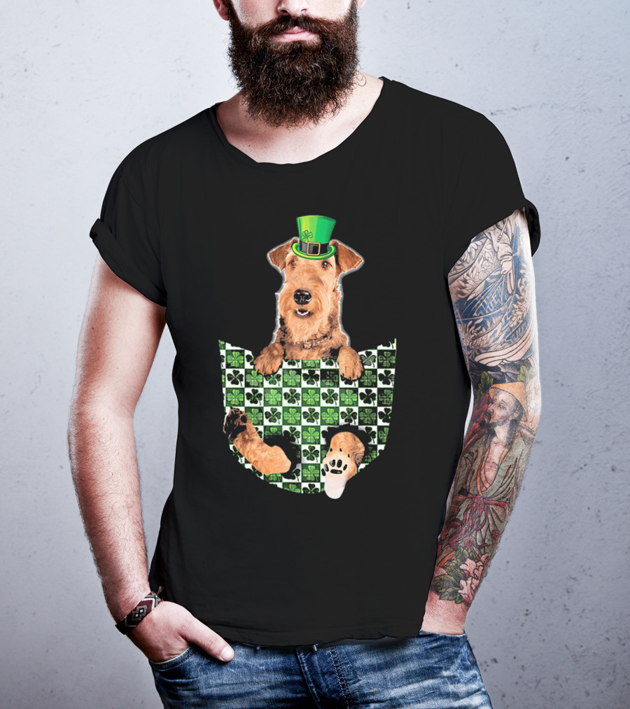 Airedale Terrier Pocket Patrick Hat Green Shamrocks T-Shirt
