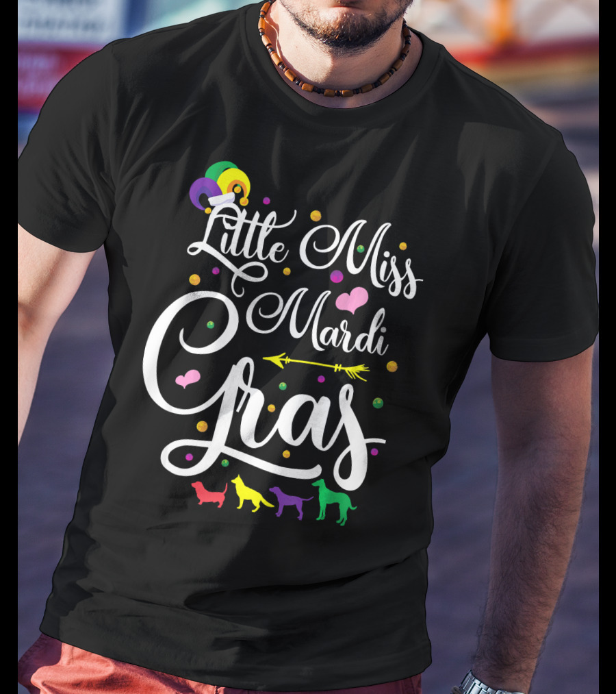 Little Miss Mardi Gras Dogs Hearts Beads Arrow Text T-Shirt