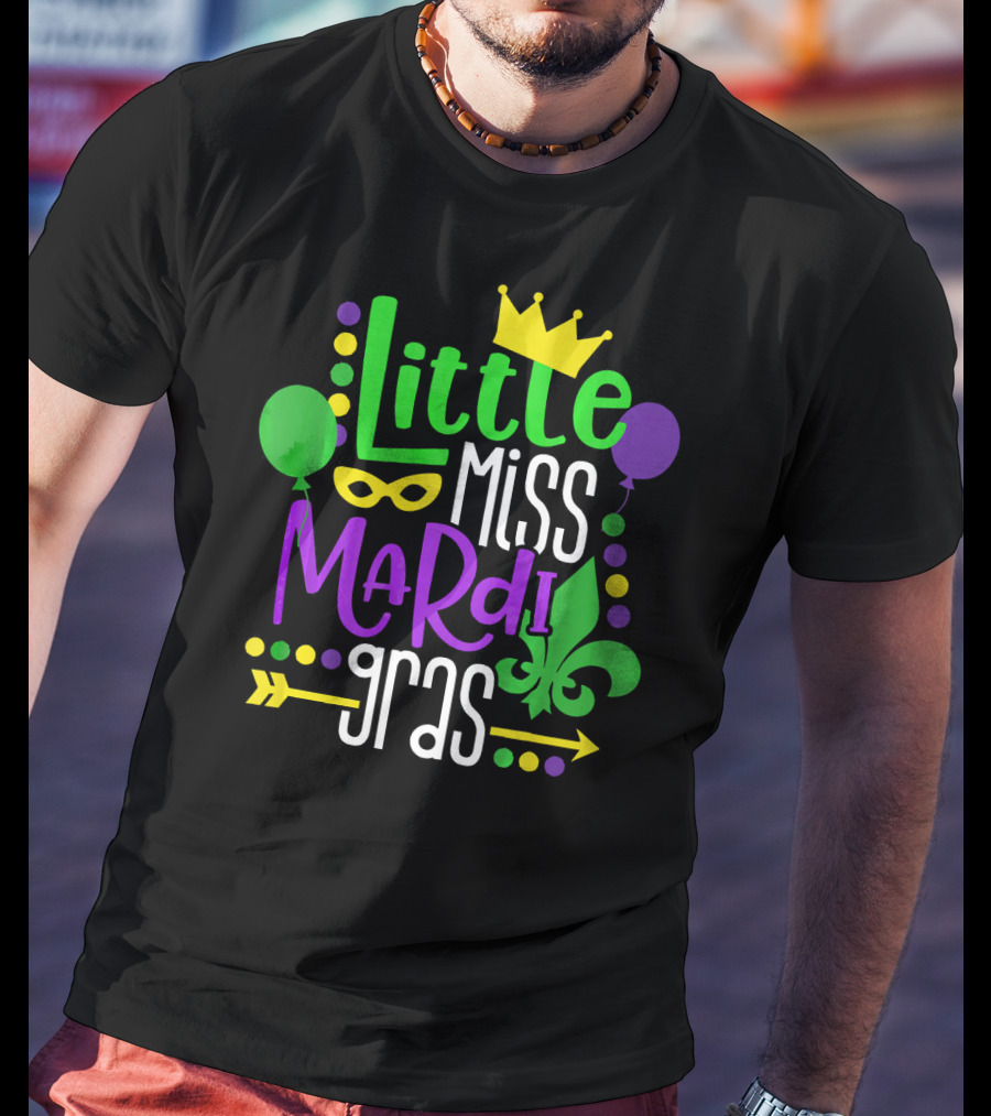 Little Miss Mardi Gras Crown Balloons Mask Fleur De Lis T-Shirt