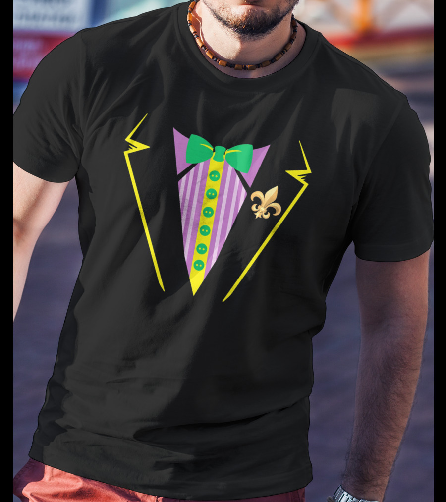 Mardi Gras Tux With Bow Tie And Fleur De Lis Icon For Funny Party T-Shirt