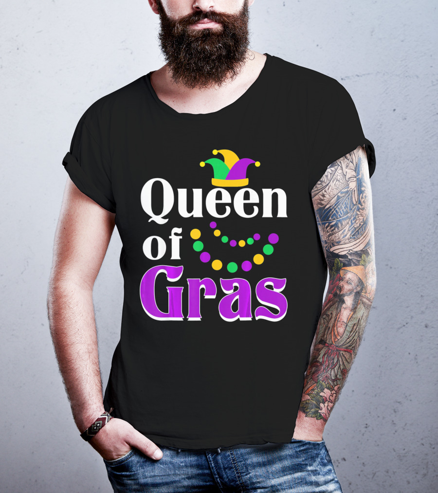 Queen Of Gras Funny Mardi Gras Beads And Jester Hat T-Shirt
