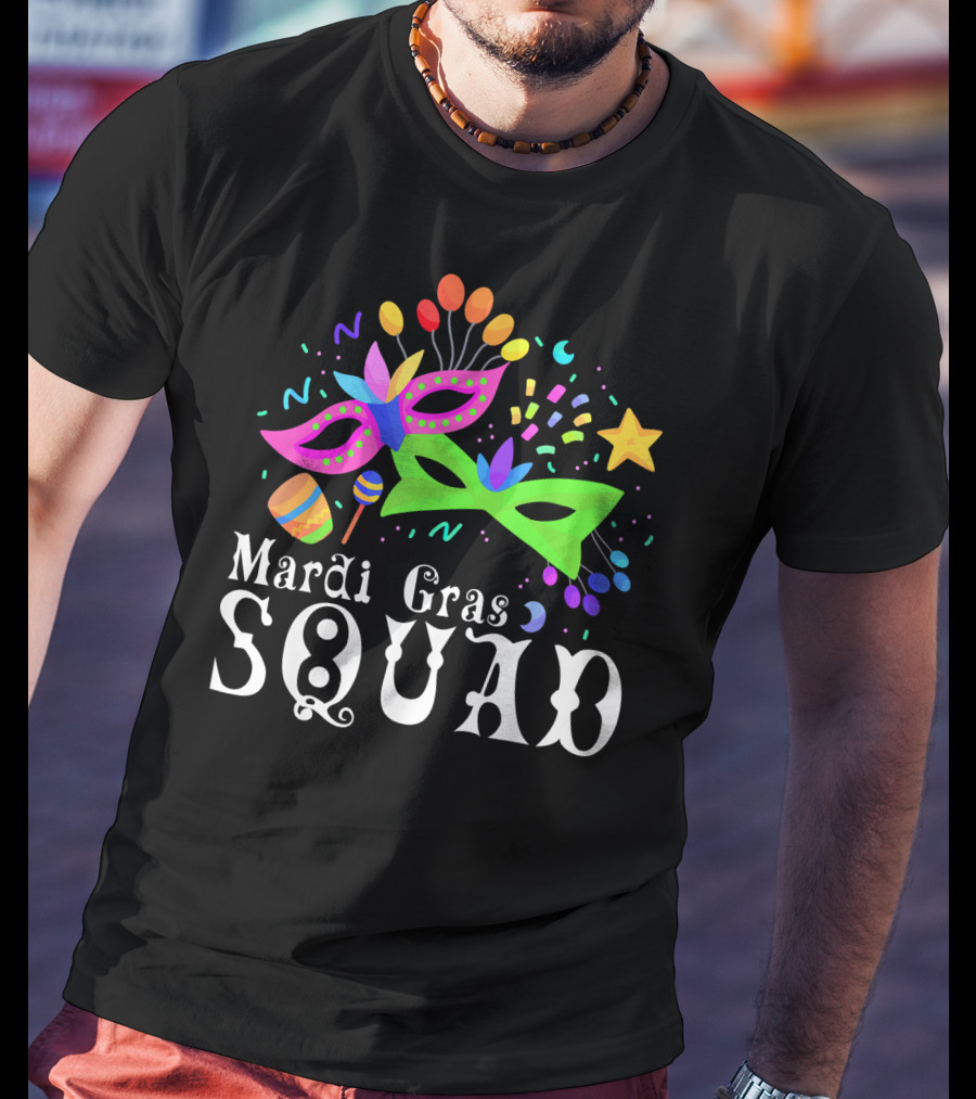 Mardi Gras Squad Mask Beads Confetti Celebration Fun T-Shirt