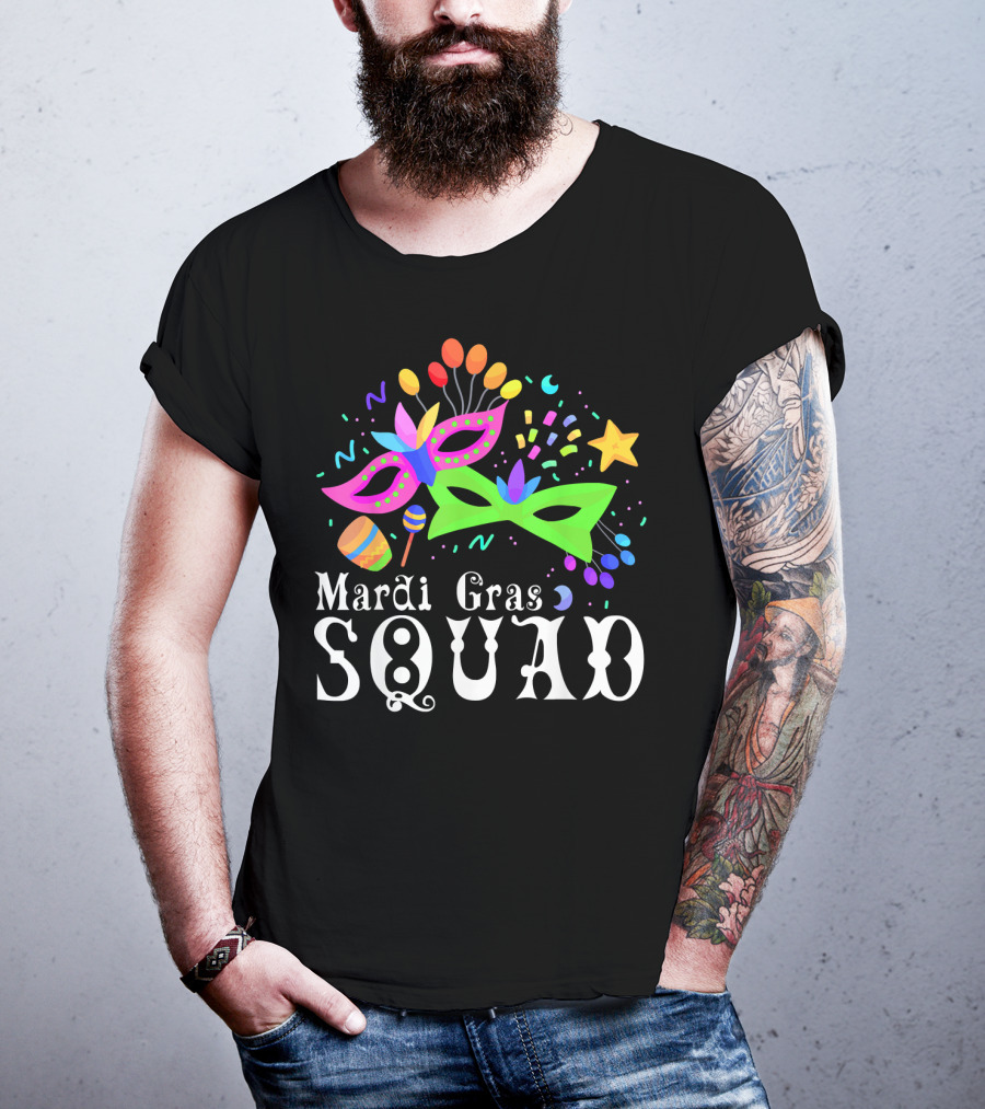 Mardi Gras Squad Mask Beads Confetti Celebration Fun T-Shirt