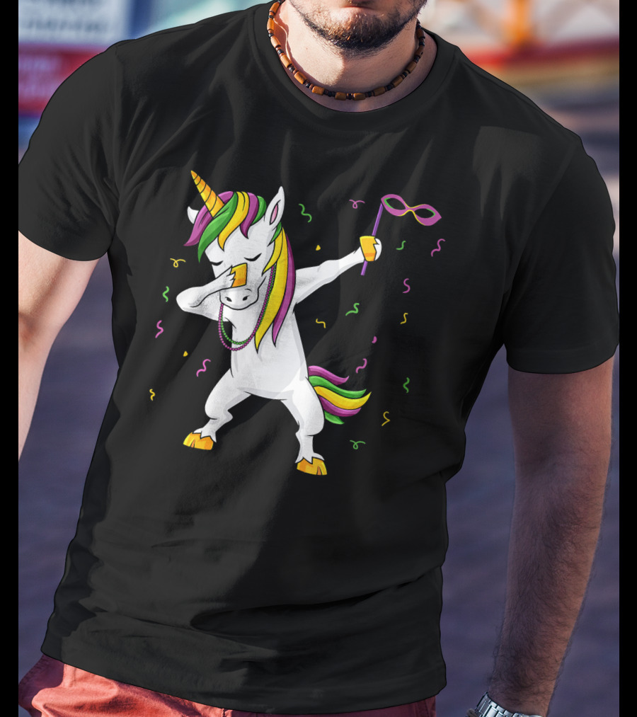 Dabbing Unicorn Mardi Gras Mask Colorful Fun Girls T-Shirt
