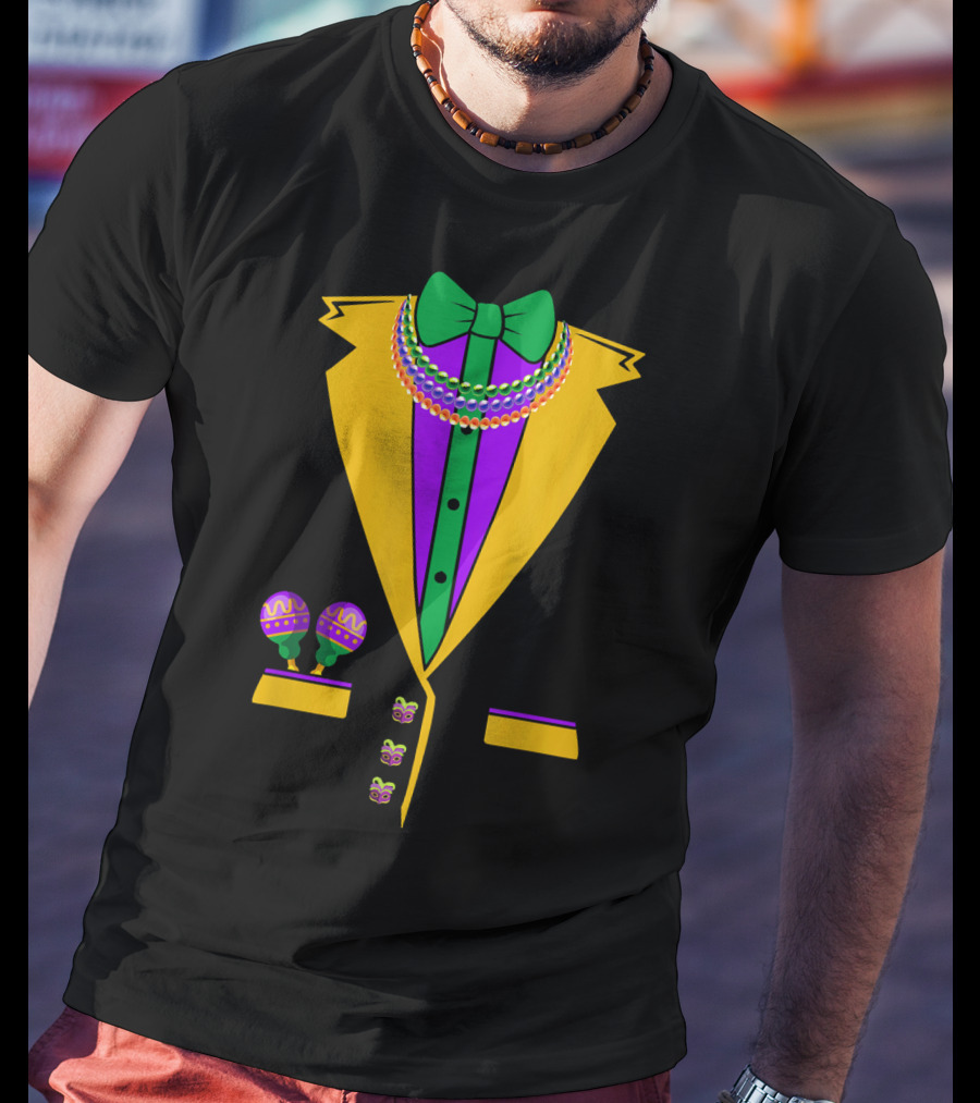Tuxedo Vest Mardi Gras Beads Bowtie Maracas Costume T-Shirt
