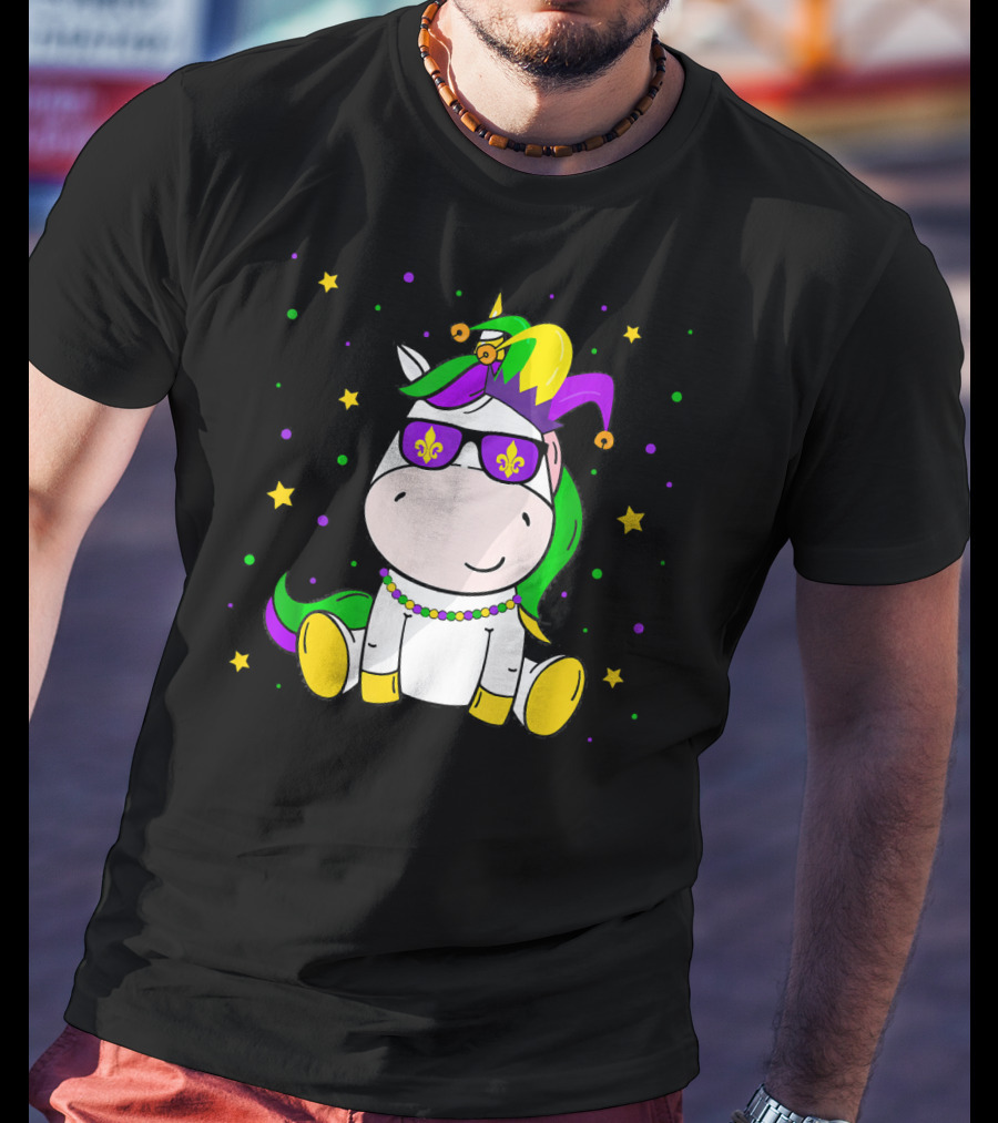 Mardi Gras Unicorn Kids Carnival Festival Jester Fleur-De-Lis Beads T-Shirt