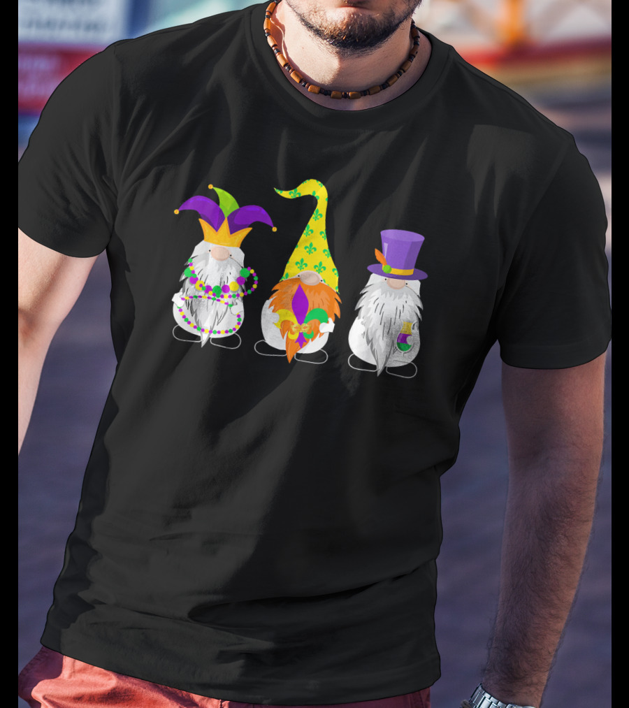 Cute Nordic Three Gnomes Mardi Gras Jester Beads Hats Fleur-de-Lis T-Shirt